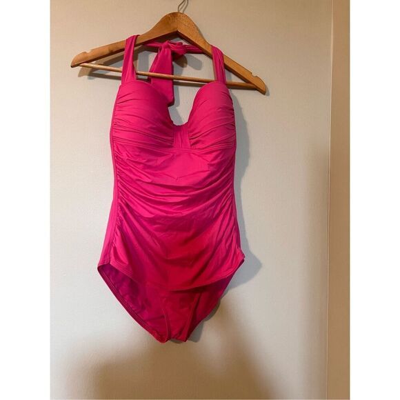 Tommy Bahama Size 12 Sweetheart Neck One Piece Swimsuit Hot Pink Halter Push Up - Picture 6 of 10
